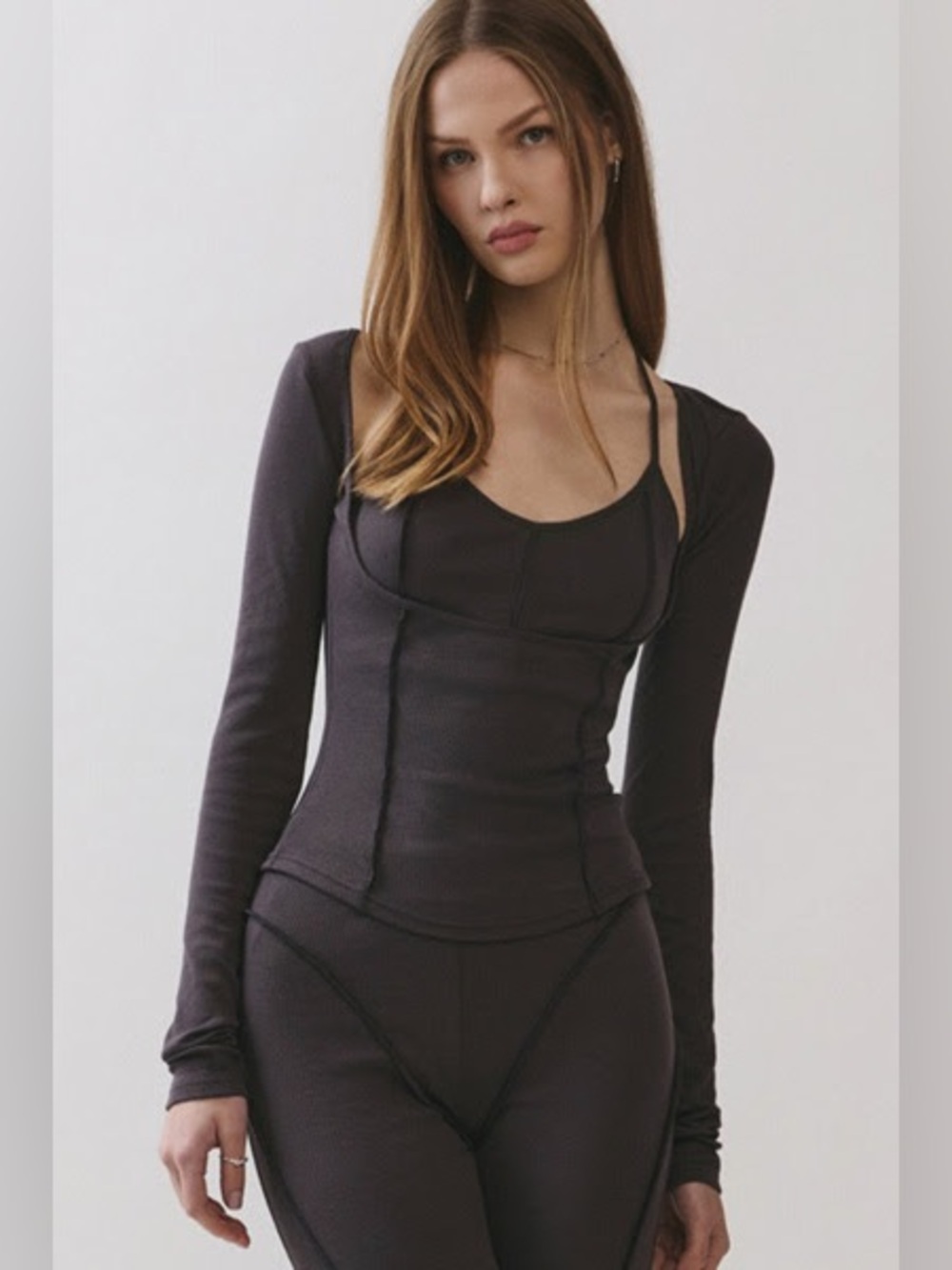 Personal Code KIRA RIBBED LAYERED HALTER TOP - CHARCOAL